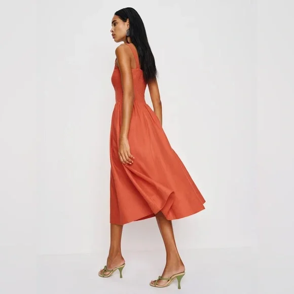 NEW Reformation Janu Midi Linen Dress Red Coral Orange | US 0 UK 4 - Picture 6 of 16